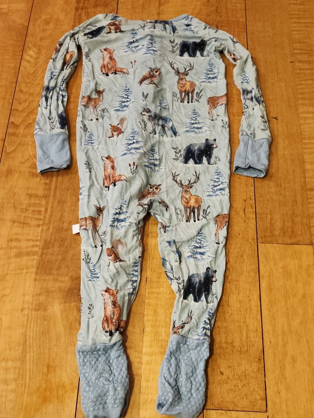 Lazy Bones Bamboo Blue Woodland Animal Print Kids One-Piece Pajamas